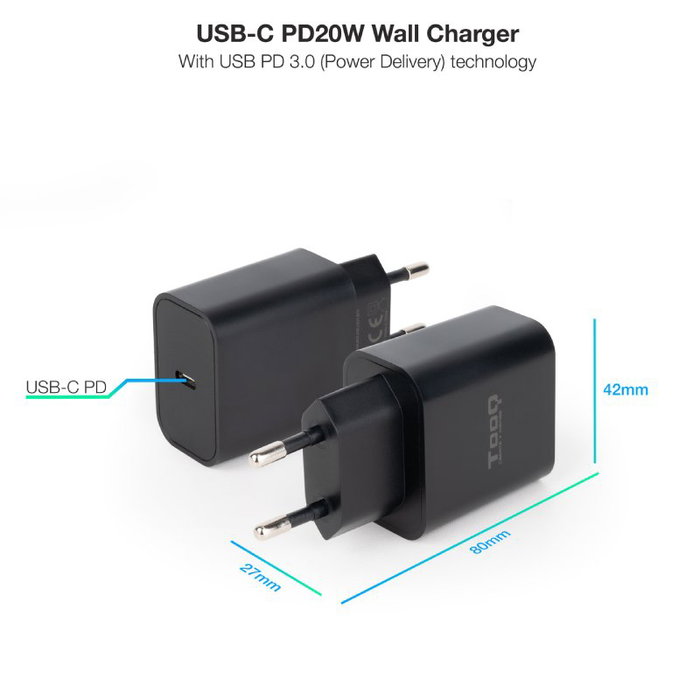 Tooq Cargador de Pared USB-C PD 20W TQWC-PDUSBC20B Negro